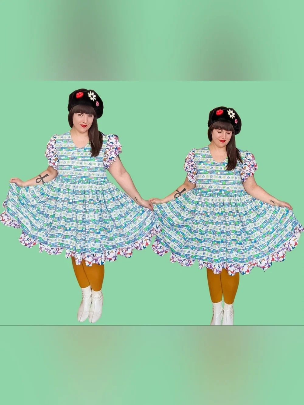 Handmade, upcycled retro, groovy patterned fabric dress Size L - Picture 4 of 8